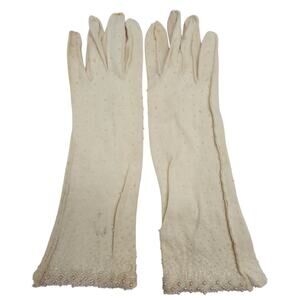 Vintage 50s Cream Beaded Coat-Length Gloves Glam Formal Coquette Vintage Luxe